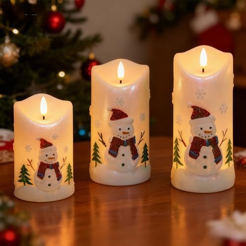 Snowman Carved Flameless Candle Battery Operated with Remote Timer