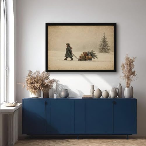 Vintage Child Sled Wrapped Boxes Evergreen Snow Christmas Canvas Wall Art
