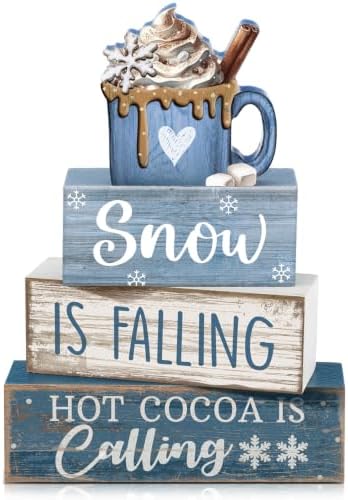 Lineshading 4 Pcs Christmas Table Decor, Blue Winter Wonderland Cocoa Sign