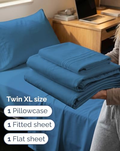 Twin XL Size 3 Piece Sheet Set - Breathable & Cooling Sheets - Denim Blue