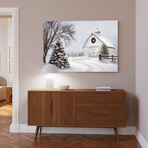 JDBeehpy White Barn Christmas Tree Wreath Oil Painting Unframed 20x30inch