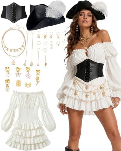 7 Pcs Pirate Costume Women Renaissance Dress Set, Medieval Pirate Outfit for Women with Hat and Accessories