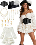 7 Pcs Pirate Costume Women Renaissance Dress Set, Medieval Pirate Outfit for Women with Hat and Accessories
