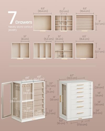 SONGMICS Jewelry Box Organizer, 360° Rotating, 7 Drawers, Cloud White