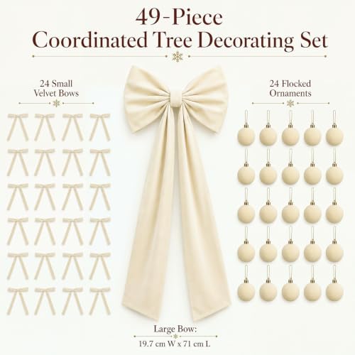 Knitgrip 49 Pcs Beige Christmas Tree Decoration Set with Velvet Bow Ball