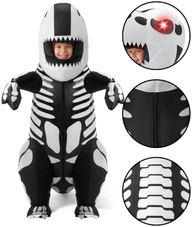 Spooktacular Creations Kids Skeleton Dinosaur Inflatable Costume, LED Light Eyes Full Body Skeleton T.rex Blow Up Costume