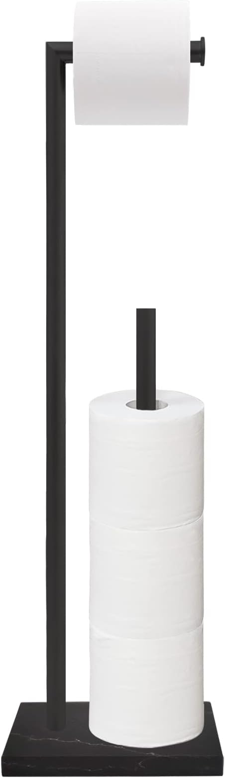 Gzila Free Standing Toilet Paper Holder Stand with Reserve, Heavy Weighted Marble Design Base SUS304 Stainless Steel… (Black)