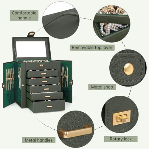 AKOZLIN 6-Tier Jewelry Box Organizer 5 Drawers Storage Medium Dark Green