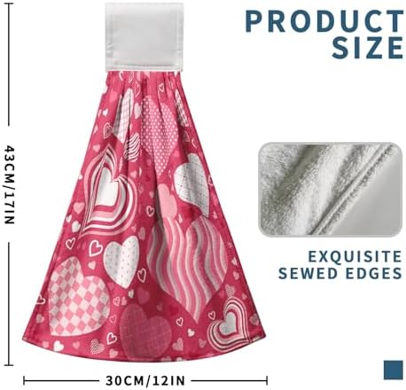 Happy Valentine's Day Hanging Kitchen Towels Set of 2 Hot Pink Love Hand Towel with Hanging Loop Bright Boho Heart Bath Tie Towel Soft Absorbent Dish Tea Towels for Bathroom