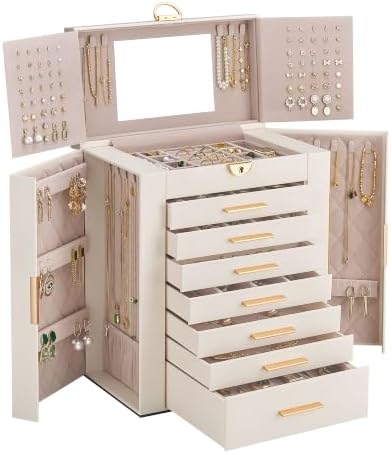 Lolalet Large Jewelry Box, 8-Layer Jewelry Organizer with 7 Drawers -Beige