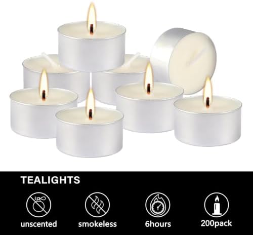 200 Pack White Bulk Candles, 6 Hour Unscented Tea Lights Candles