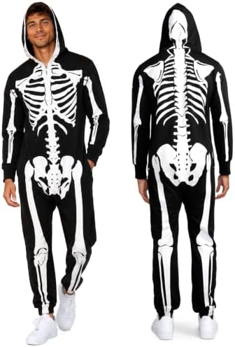 Tipsy Elves Men's Halloween Skeleton Costume Hooded Jumpsuit Adult Onesie