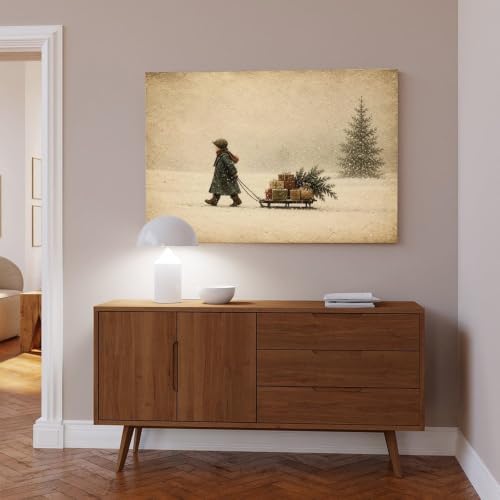 Vintage Child Sled Wrapped Boxes Evergreen Snow Christmas Canvas Wall Art