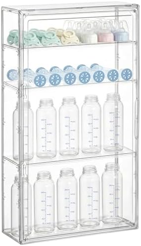 HBlife Baby Bottle Storage Organizer for Wall Countertop Cabinet, 4 Tiers Adjustable Clear Acrylic Bottles Storage Station Case Box Container with 3 Removable Dividers and Magnetic Door, Large