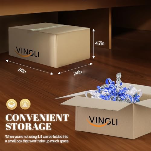 VINGLI 6ft Pre Lit Pop Up Flocked Pencil Christmas Tree with 150 Lights, Fully Decorated Collapsible Holiday Party Decoration (Blue&Silver)