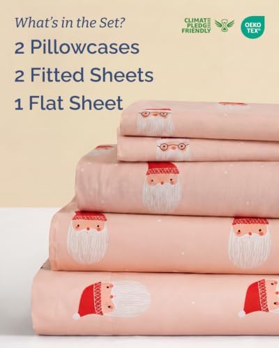 Christmas Sheet Set, Blush Santas, Holiday Xmas Bedding Set - Split King
