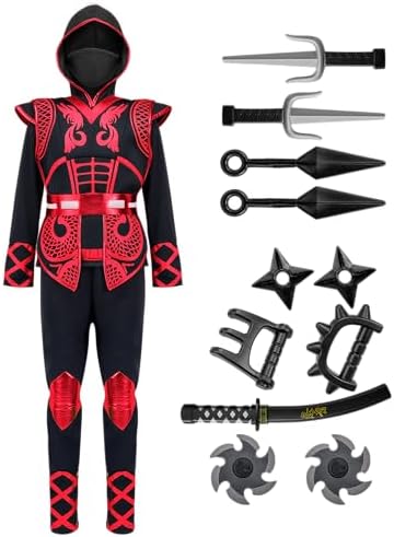 Spooktacular Creations Red Ninja Costume Set, Ninja Jumpsuit with Foam Accessories for Kids, Toddler Halloween Outfit for Ideas Cosplay Party (Small, 5-7 yrs)