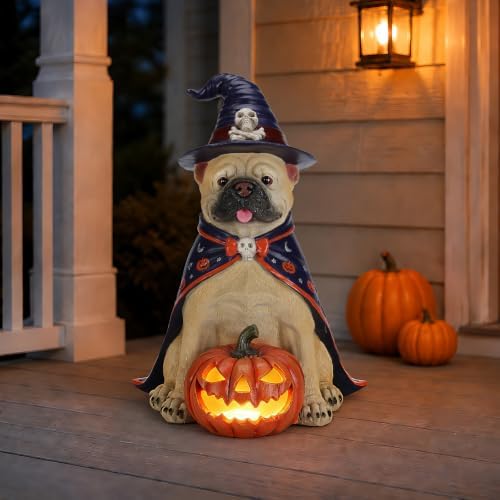 Bulldog Statue Halloween Decoration with LED Pumpkin Lantern