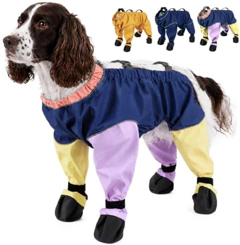 Waterproof Dog Boots Rain Boots with Suspender, Dogs Shoes Paw Protector for Small Medium Puppy, Anti-Slip Doggy Boot Belly Protector, Rain Booties Snow Pants Dogs Suspender Booties Leggings(L,colord)