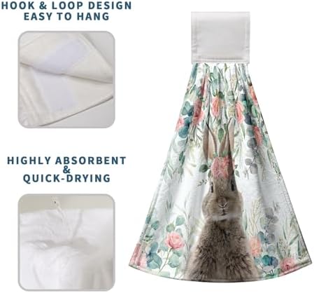 Bunny Eucalyptus Leaves Flowers Easter Kitchen Towels with Hanging Loops Spring Holiday Decoration Rabbit Floral Hanging Hand Towels Set of 2 Dish Towel Soft Absorbent Bath Tie Towels