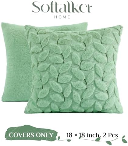 Softalker Spring Summer Throw Pillow Covers 18 x 18 Inch Set of 2, Green Leaves Soft Plush Faux Fur Cushion Covers, 3D Embroidered Pillow Cases for Couch Bedroom Living Sofa Room Home Decor, Sage