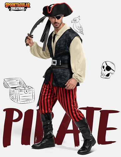 Spooktacular Creations Men Pirate Costume, Adult Pirate Shirt Vest Viking Pants Hat Set for Halloween Themed Parties