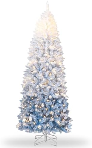 GarveeHome 7.5 ft Prelit Artificial Christmas Tree with RGB & Warm White Lights, Pre-Lit Snow Flocked Pencil Christmas Tree, Foldable Base,Holiday Decoration for Home, Office, Party,Blue Gradient