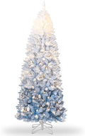 GarveeHome 6 ft Prelit Artificial Christmas Tree with RGB & Warm White Lights, Pre-Lit Snow Flocked Pencil Christmas Tree, Foldable Base,Holiday Decoration for Home, Office, Party,Blue Gradient