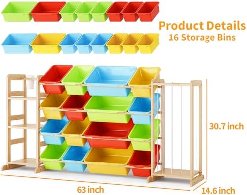 Toy Storage Organizer with Bookshelf and Stuffed Animal Storage - Playroom Organization with 3 Shelves and 16 Bins - Living Room Box for Lego - Nursery Bedroom Decor Essential