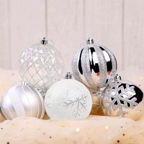 SHareconn 12ct 3.15 Inch Christmas Tree Balls Ornaments, Silver&White, 80mm