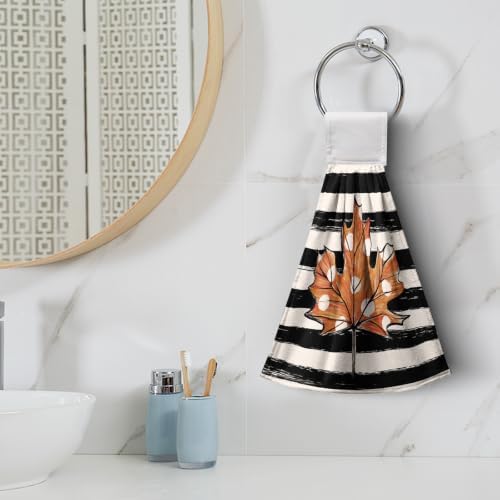Autumn Striped Polka Dot Pumpkin Kitchen Hanging Towels Fall Buffalo Check Bow Maple Leaves Hand Tie Towels Washcloths Soft Absorbent Fingertip Bath Towel for Bathroom Decor Set of 2