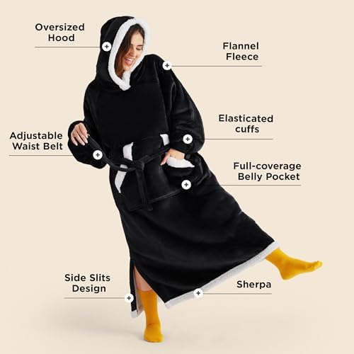 Bedsure Wearable Blanket Hoodie, Long Hooded Blanket Sweatshirt as Birthday Gifts for Women, Cozy Sherpa Hoodie for Adult, Standard, Black