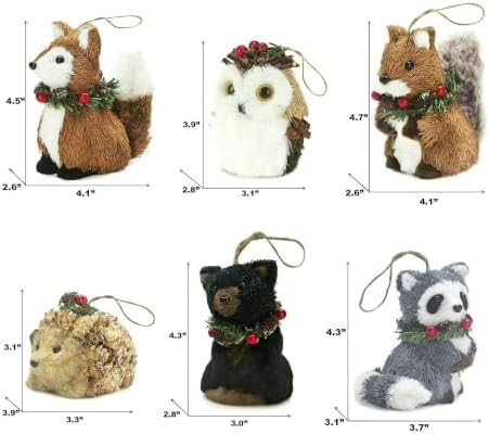 naturevibe Sisal Woodland Animals Christmas Tree Ornaments Mini Set of 6