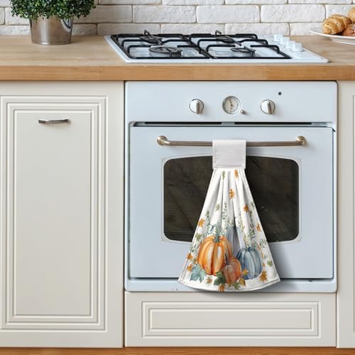 Fall Orange Blue Pumpkin Kitchen Hanging Towels Set of 2 Autumn Eucalyptus Maple Leaves Hand Towels with Hanging Loop Thanksgiving Dish Washcloth Soft Absorbent Bath Tie Towel
