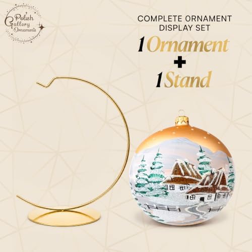 Hand Blown Glass Christmas Ornaments Ball, Cottage Gold 6 in + Stand