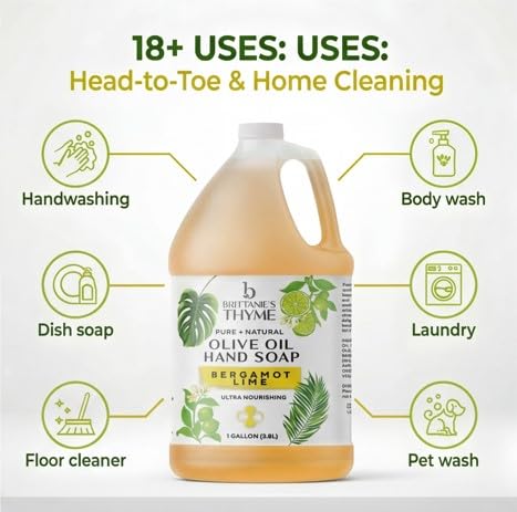 Brittanie's Bergamot Lime Pure Castile Olive Oil Liquid Soap 1 Gallon (128oz) | Face, Body Wash, Dishes, Pets & Laundry | Natural Vegan Sulfate Free, Moisturizing & Refill-Friendly