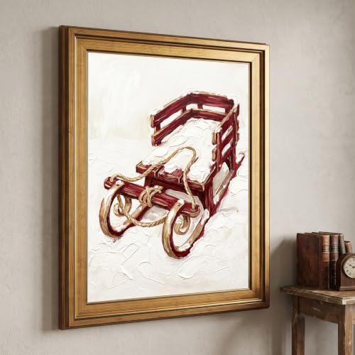 Framed Canvas Wall Art Painterly Rustic Sled Red Wood and White Snow Canvas Print Poster Gold Frame Wall Decor for Living Room Holiday Decoration, Cozy Home Art - Inch 24x36