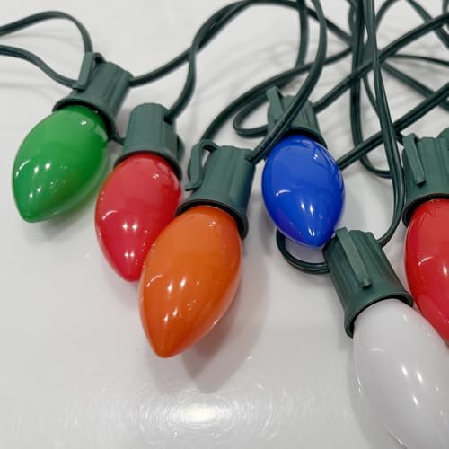 SUNSGNE C9 LED Christmas Lights Outdoor 25FT Multicolor String Lights with 27 0.6W LED Plastic Bulbs(2 Spare) for Patio Garden Roofline Backyard Décor, Green Wire