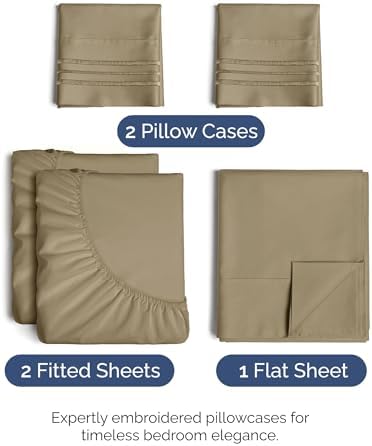 Split King Size 5 Piece Sheet Set - Breathable & Cooling Sheets - Khaki