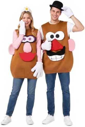 Mr/Mrs Potato Costume Cartoon Funny Halloween Couples Cosplay Tunic White Gloves Hat Detachable Parts Set for Adult