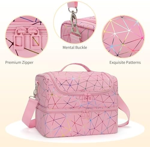 CUBETASTIC Nail Polish Organizer Bag, Double Layer Nail Tech Travel Case Holds 45 Bottles & Full-Size Lamp, Portable Manicure Storage Box for Nail Supplies, Tools & Dip Powder - Pink