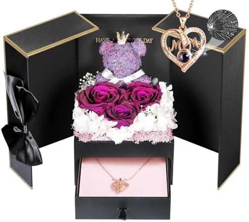 ADDWel Meaningful Gifts for Mom from Daughter Son, Preserved Purple Rose Gift Box with MOM Necklace, I Love You Necklace in 100 Languages, Mother’s Day Birthday Gifts for Mom