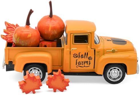 Thanksgiving Truck Decor, Fall Orange Maple Leaf Pumpkin Metal Truck Decorations for Home Indoor, Mini Cute Pumpkin Tiered Tray Decor, Farmhouse Kitchen Tabletop Centerpiece Decorations