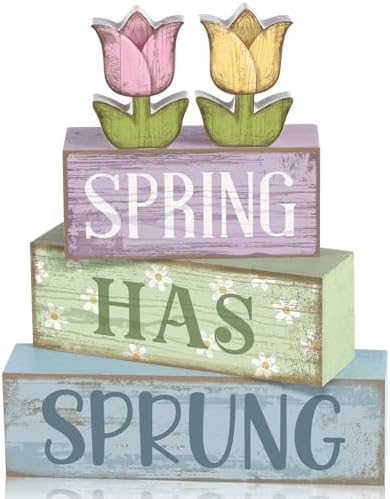 Moucuny 4 Pcs Spring Wooden Block Signs Farmhouse Tray Decor Tulips