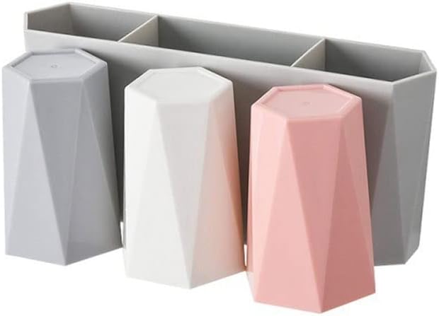 Toothbrush Rack Wall-Mounted Toothbrush Holder Hole-Free Bathroom Storage Rack with Three Sinks and Cups for Toothpaste and Makeup Bathroom Toothbrush Holder(A)