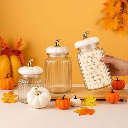 Mimorou 3 Set Pumpkin Glass Jar with Pumpkin Airtight Ceramic Lid 44 oz 33 oz 22oz Fall Clear Candy Jar Food Storage Canister for Thanksgiving Party Tea Cookie Table Decoration (White and Gold,Autumn)