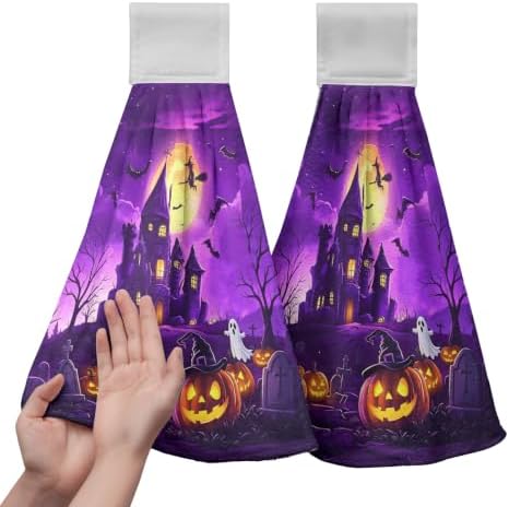 Halloween Haunted Castle Kitchen Hanging Towels Full Moon Pumpkin Ghost Witch Hand Tie Towel with Hanging Loops Dish Towels Washcloth Soft Absorbent for Bathroom Set of 2