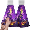 Halloween Haunted Castle Kitchen Hanging Towels Full Moon Pumpkin Ghost Witch Hand Tie Towel with Hanging Loops Dish Towels Washcloth Soft Absorbent for Bathroom Set of 2