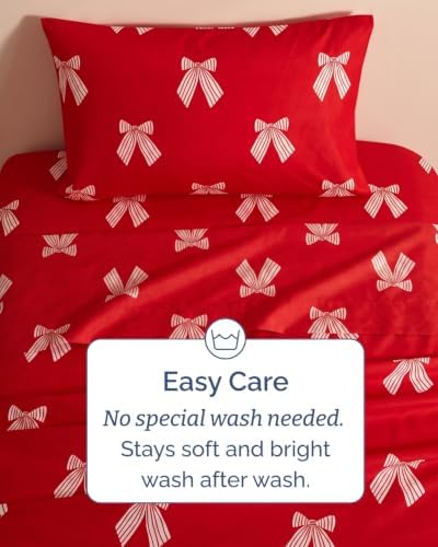 Christmas Sheet Set, Red Ribbon Bows, Holiday Xmas Bedding Set - Twin XL