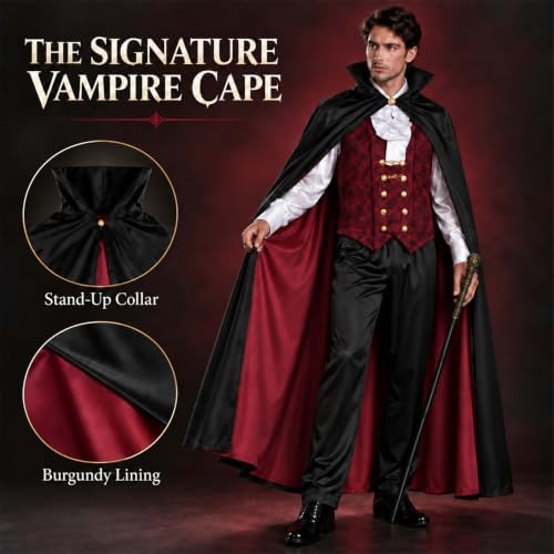 Men's Vampire Costume, Deluxe 4-Piece Dracula Outfit, for Adult Halloween Gothic Party